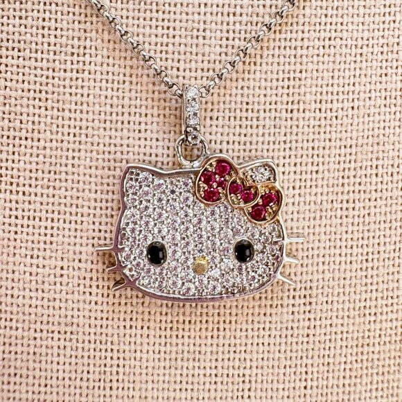 Sterling Silver 925 Hello Kitty Cubic Zirconia Pendant Necklace 16" Adjustable - Picture 1 of 14